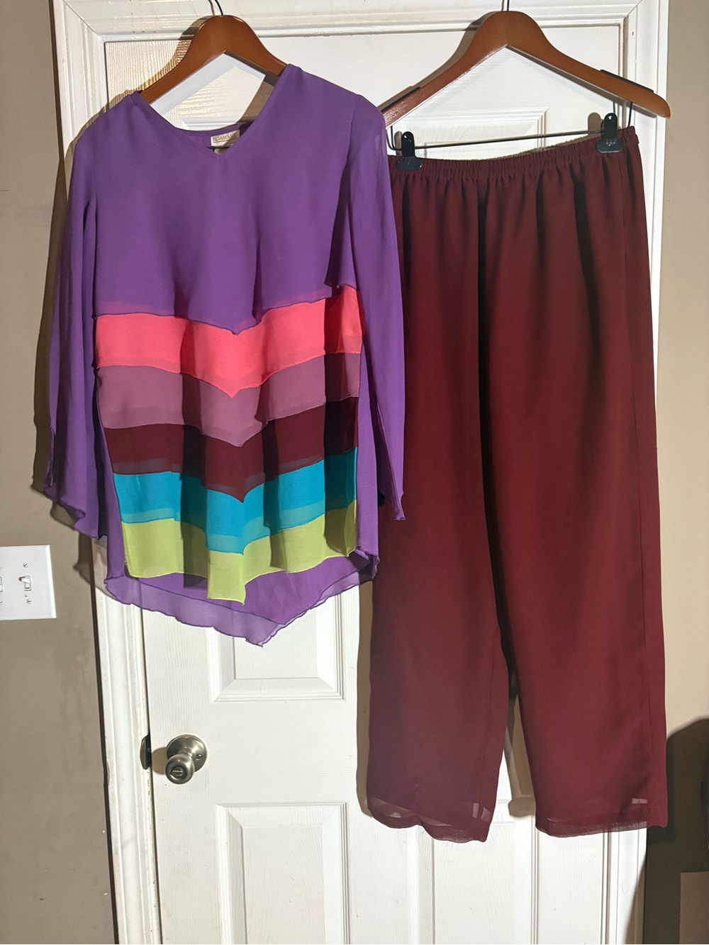 Roaman's Purple Multicolor Chevron Layered Blouse with Burgundy Pants